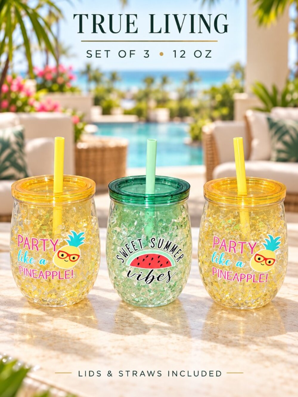 True Living Wine Freeze Tumblers Set of 3 • 12 oz • Lids & Straws
